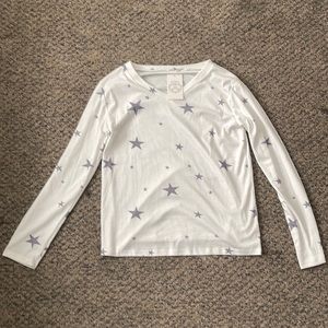 Floral Blooming White Long Sleeve Top with Light Indigo Stars